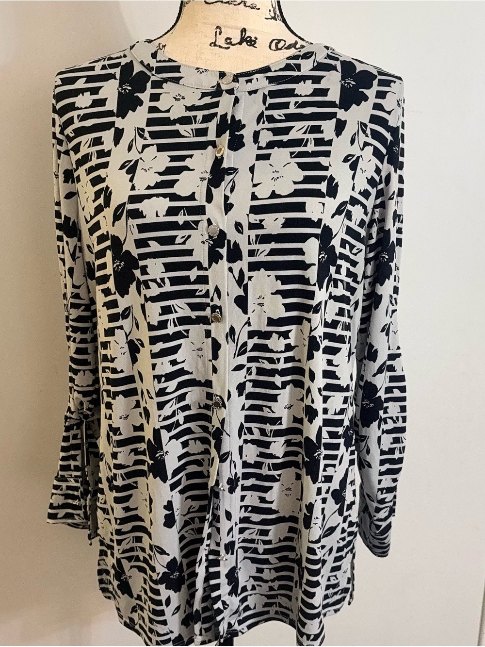 Dana Buchman Black and White Floral Stripe Button-Down Top